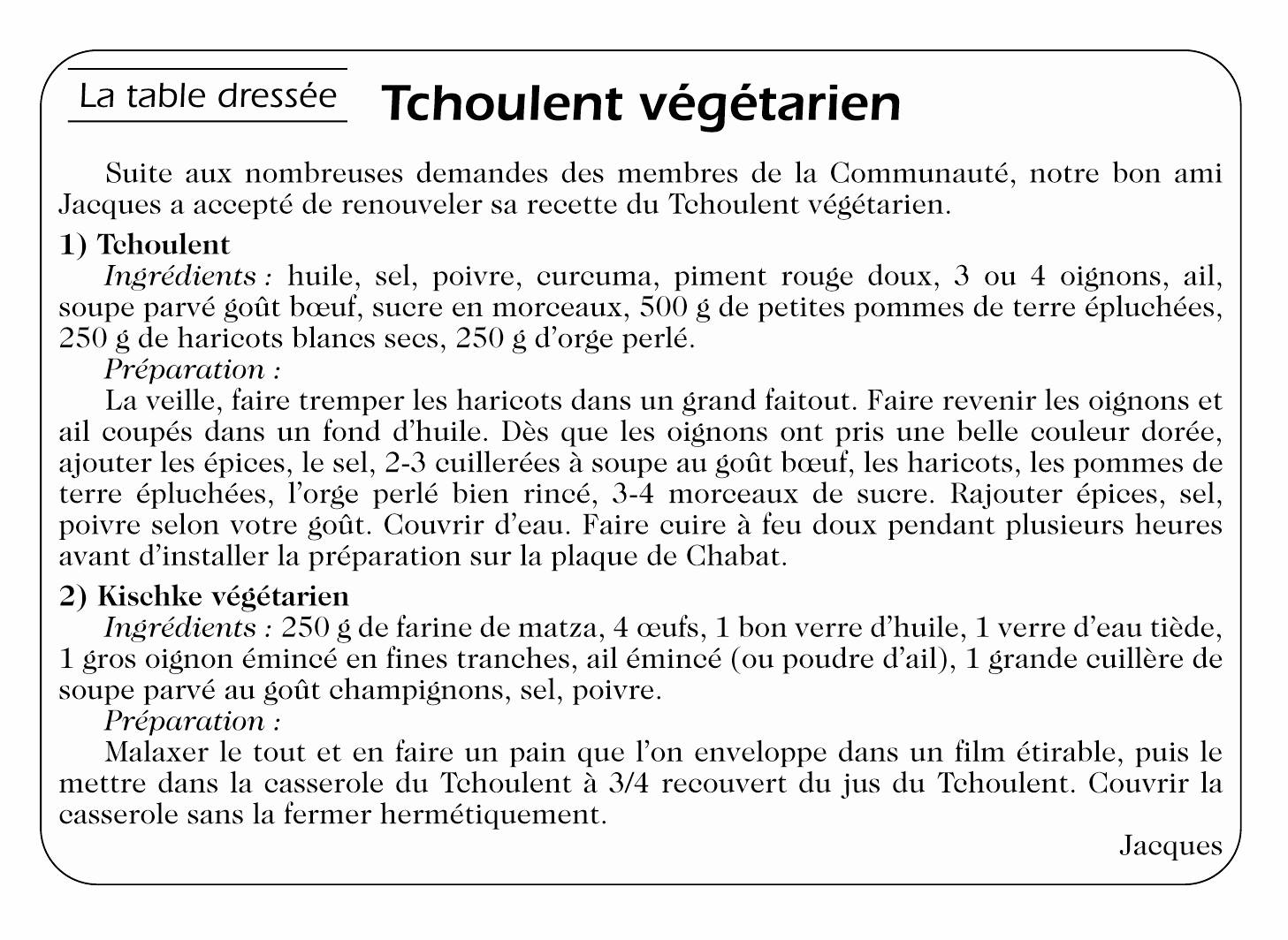 Tchoulent Vegetarien